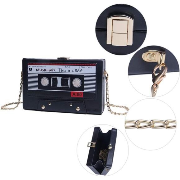 Retro Tape Clutch Purse PU Leather Crossbody Shoulder Bag Evening Handbag Black - Picture 5 of 7